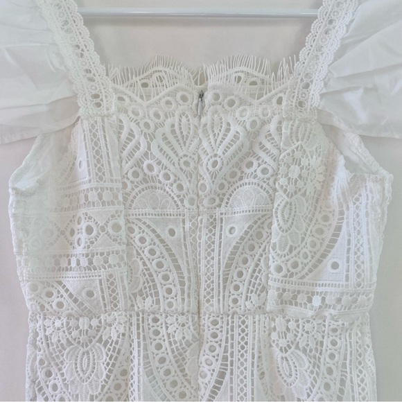 Dreamy White Lace Square Neck Puff Sleeve High Waist Bodycon Mini Dress Petite 2 - Picture 9 of 12